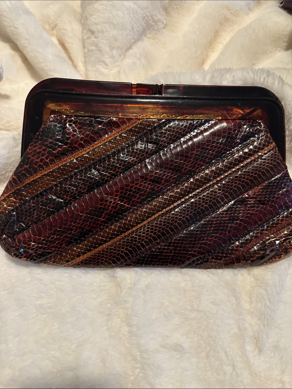 Vintage Margolin Snakeskin Patchwork Clutch Tortoiseshell Frame